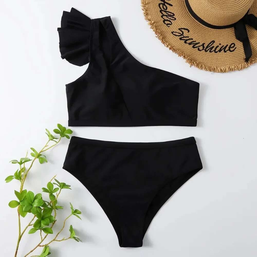 One Shoulder Bikinis Women Ruffle Swimsuit Solid High Waist Swimwear Female Padded Bathers Bathing Swimming Suit Beachwear