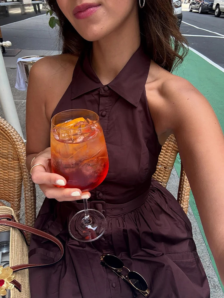 Elegant Halter Sleeveless Long Dress Women Single Breasted Lapel Belts Pocket White Aline Dresses Summer Street Holiday 250514