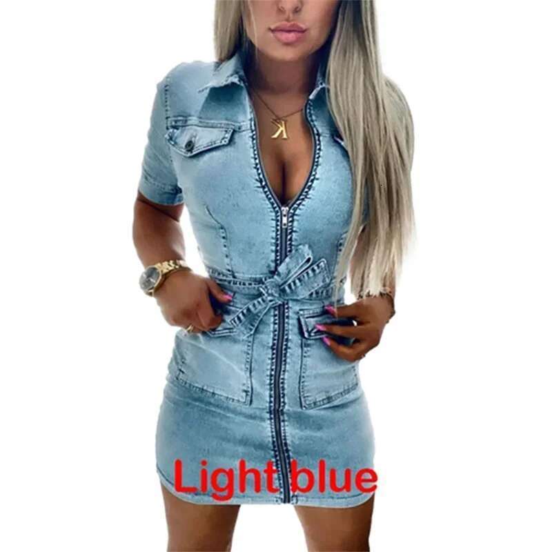 Women High Waist Lace-up Slim Fit Wrap Hip Dresses Summer Lapel Zipper Cardigan Dress Female Sleeve Thin Denim Short Gown