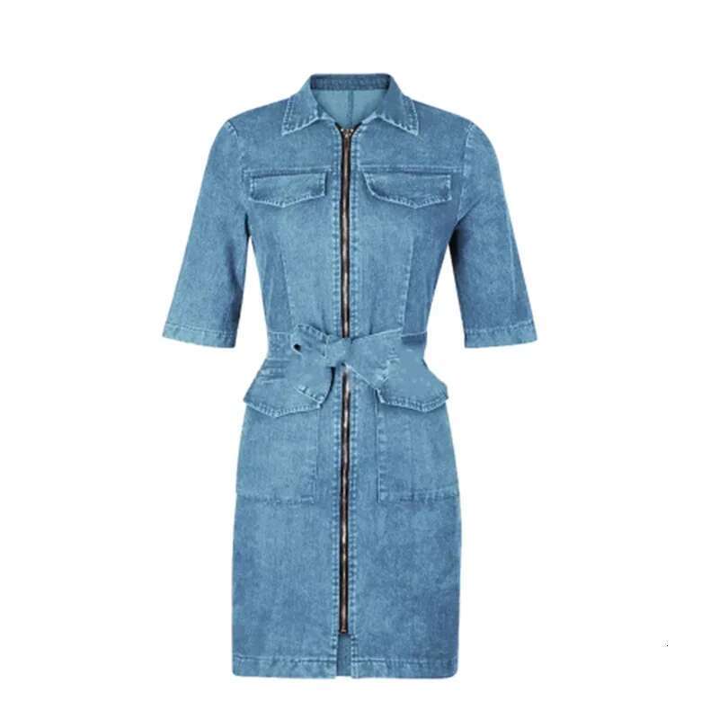 Women High Waist Lace-up Slim Fit Wrap Hip Dresses Summer Lapel Zipper Cardigan Dress Female Sleeve Thin Denim Short Gown
