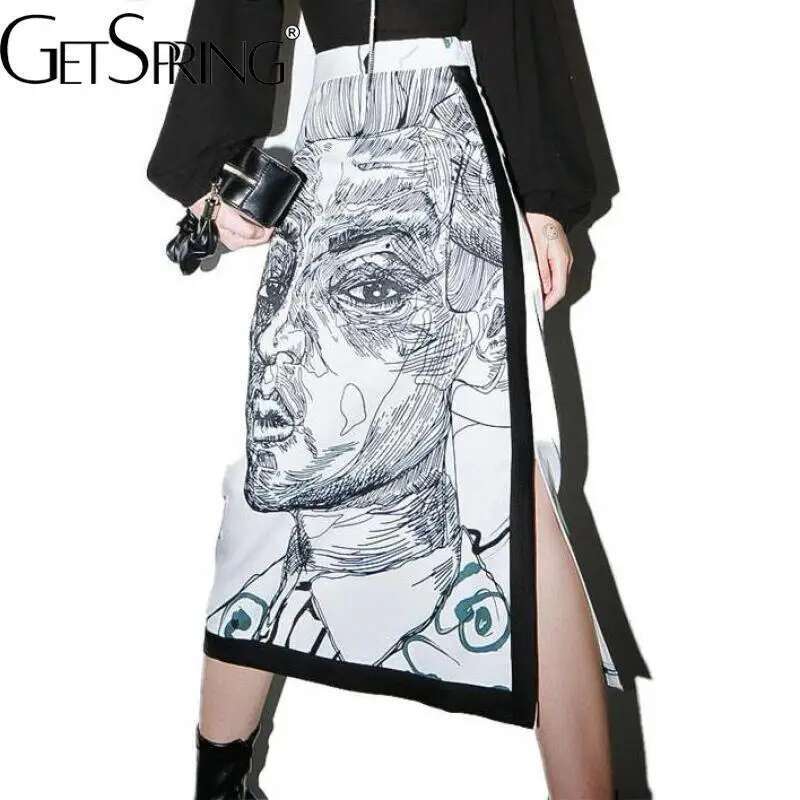Getspring Women Skirt Long Split Print Character High Waist Color Matching Vintage All Th Spring Summer Skirts 2021