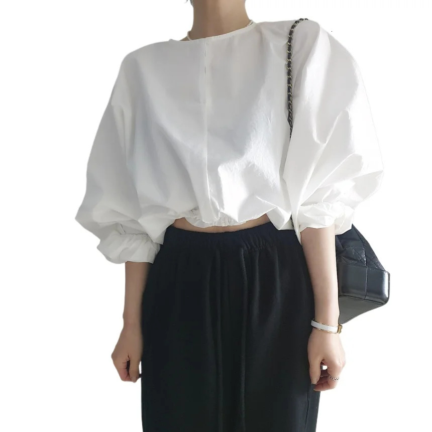REALEFT Spring Summer Lantern Sleeve Womens Blouses Oneck Office Lady Casual Loose White Shirts for Women 250514