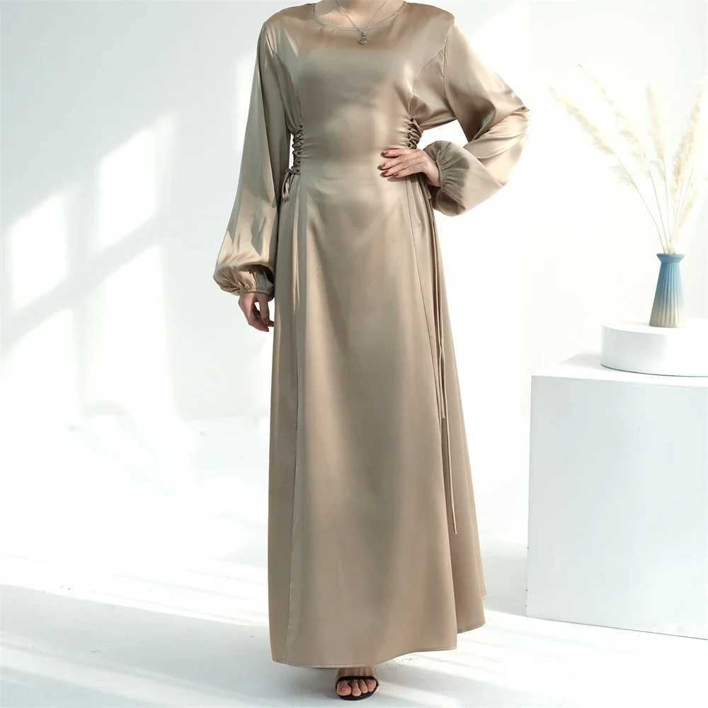 Lace Up Satin Dress Muslim Women Long Slves Dubai Turkey Modest Robe Islamic Clothing Elegant Abaya Gown Ramadan Eid Party X250514