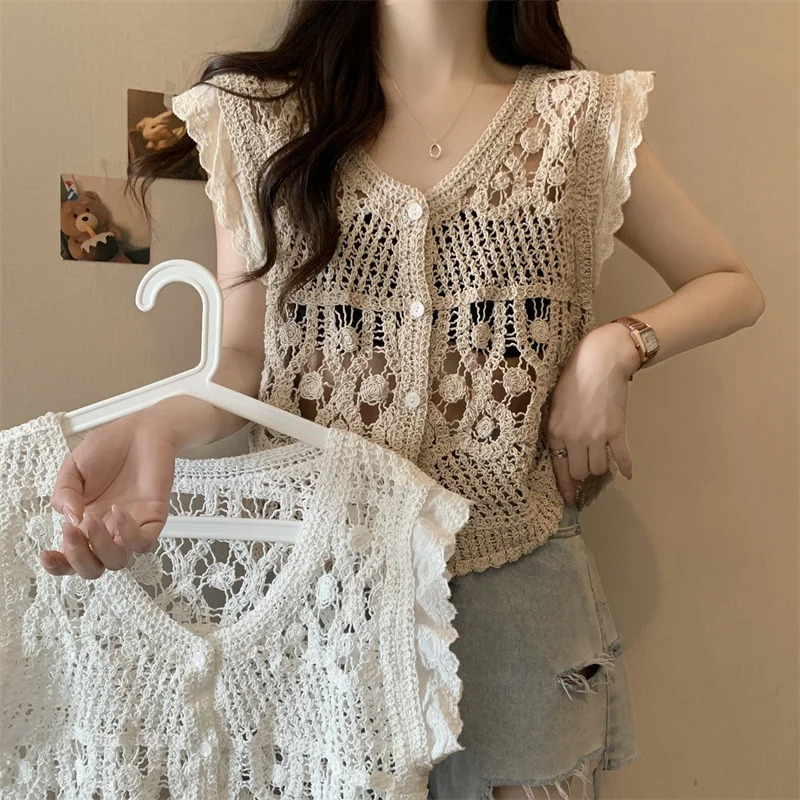 Crochet Top Button Front Blouse Butterfly Sleeve Sheer Openknit Crop Vest Tops Women Teengirl Summer Boho Vacation Outfit 250514