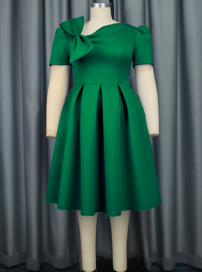 Cute Plus Size Dress Lady Prom Blue Birthday Bowtie Pleated Short Sleeve Puffy Midi Length AM030908