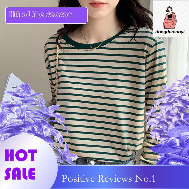dongdumaoyi Early autumn striped bottom shirt for women with a stylish round neck loose and versatile long sleeved t-shirt, casual pure cotton top, th