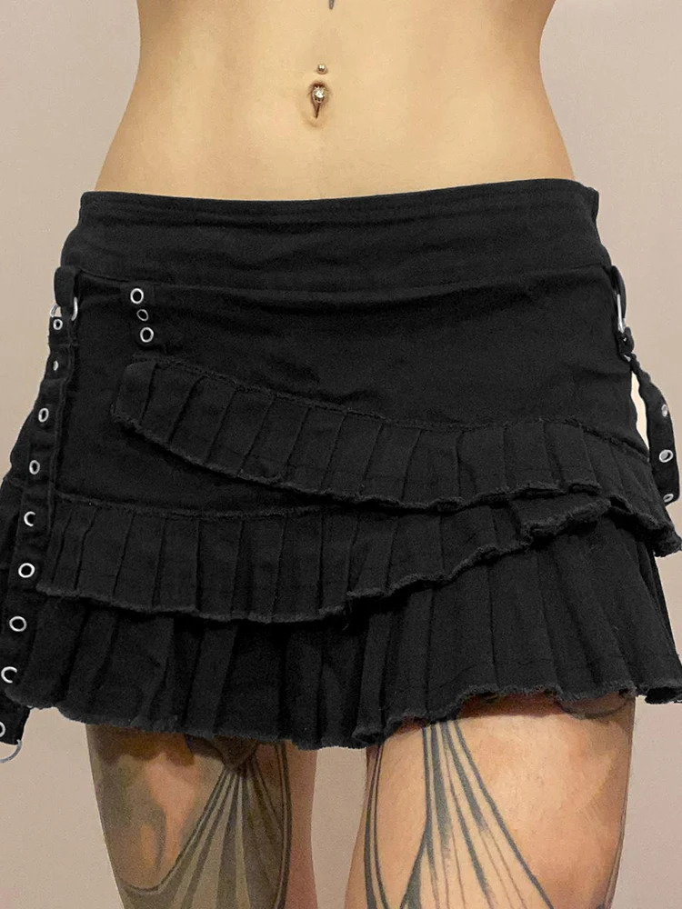 SUCHCUTE Goth Aesthetic Ruffles Irregular Mini Skirts Women Fairycore Streetwear Low Rise Denim Y2K Dark Academia 250514