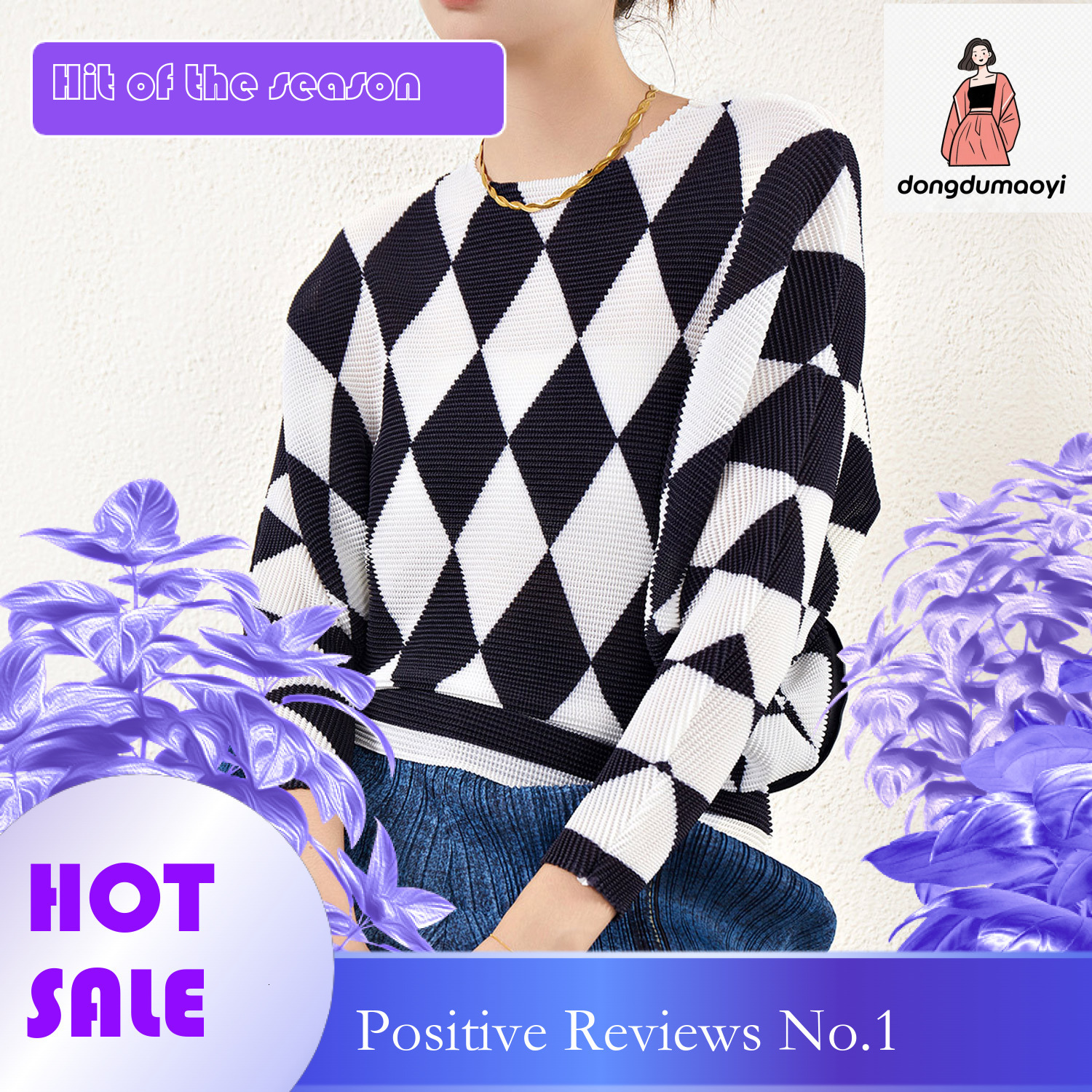 dongdumaoyi Miyake Diamond Grid Top Women's Loose Large Bat Sleeve Printed Wrinkle T-shirt Stylish Versatile Look Slimming Bottom Shirt