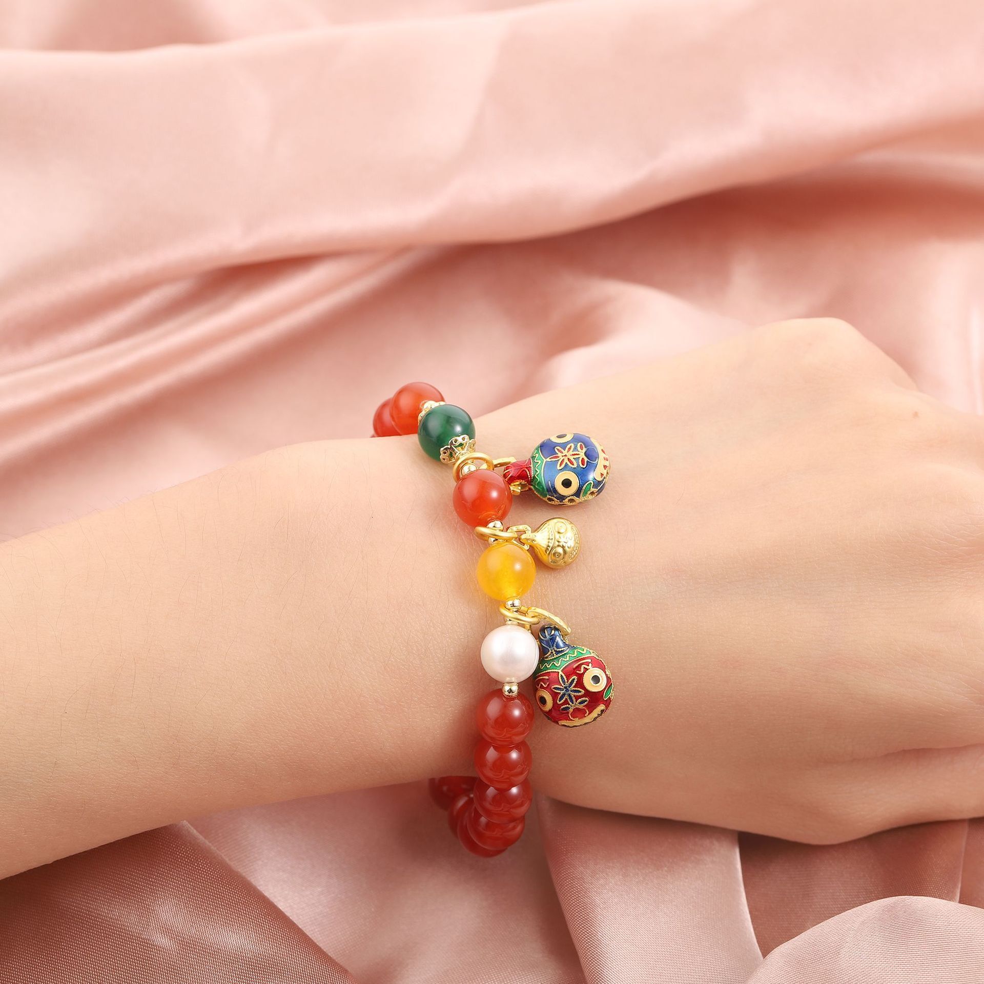 Ethnic ancient style crystal couple agate bead swallowing gold beast double circle big red bracelet