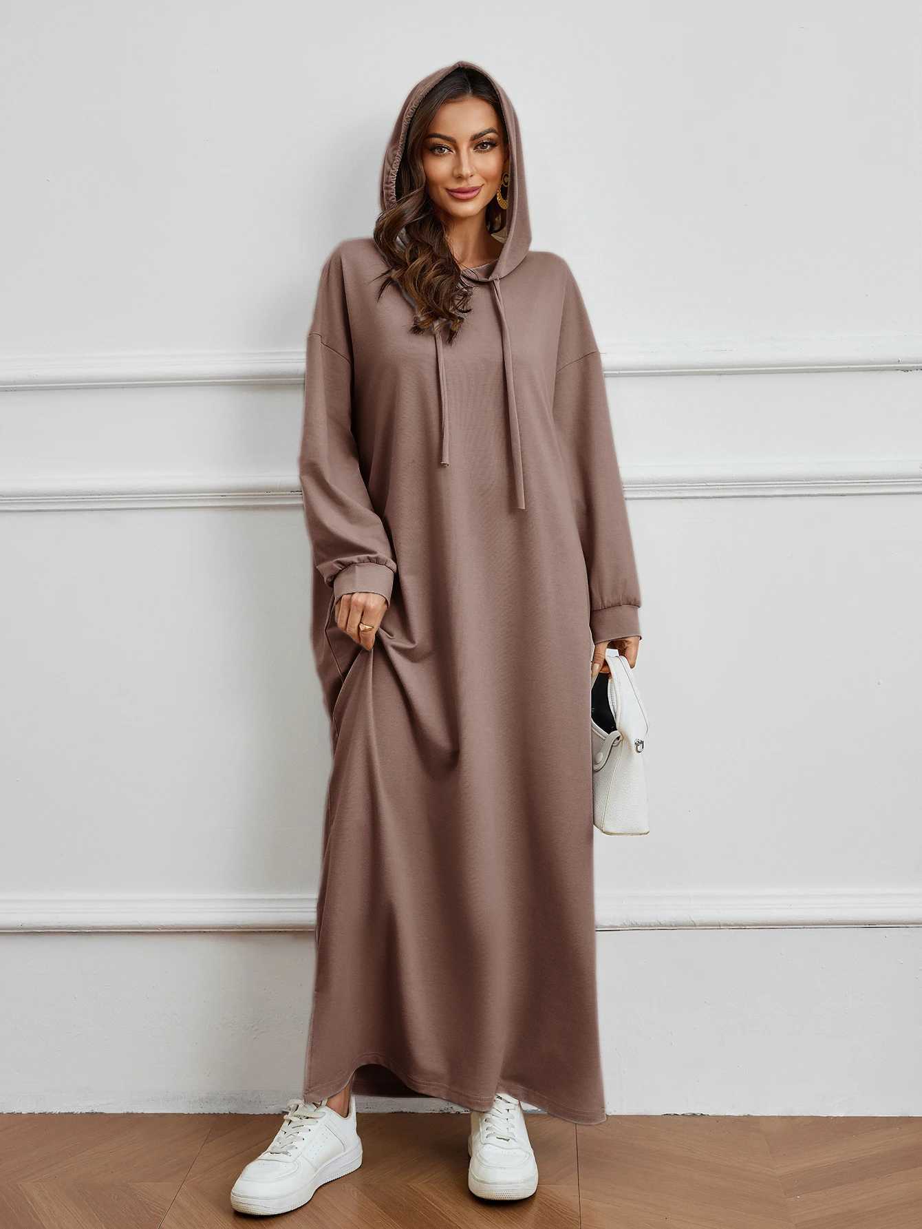 Muslim Womens Brown Hooded Abaya Loose Fit with Pockets Great for Daily and Semi - formal Wear in Middle East Islamic Societies X250514