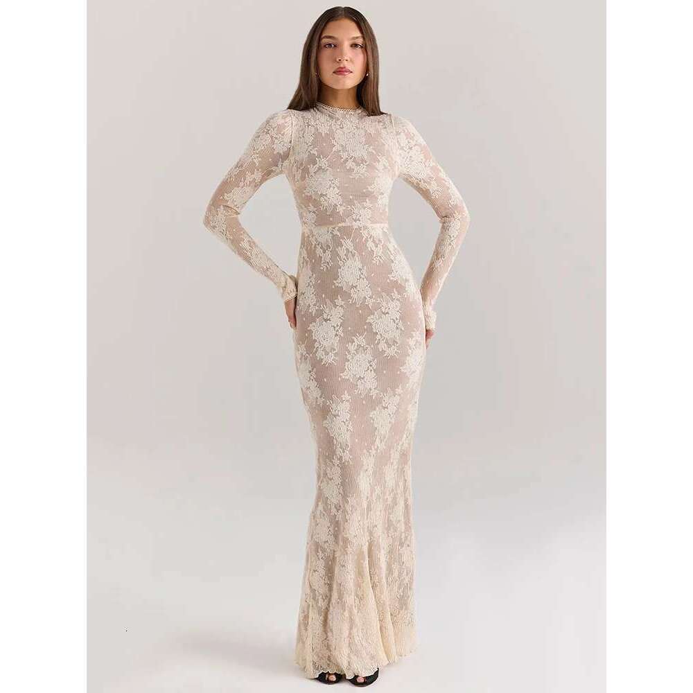 Mozision Lace Print Sleeve Sexy Maxi For Women White Zipper Half High Collar Bodycon Fashion Elegant Long Dress