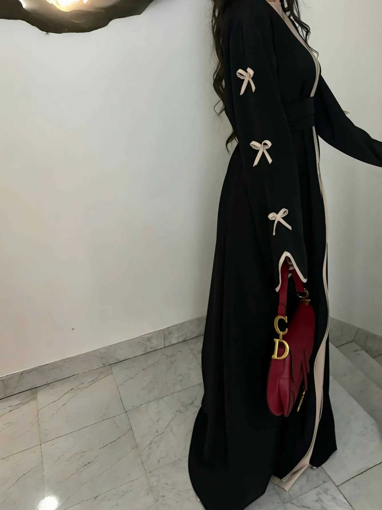 New Muslim Women Middle East Style Burgundy Islamic Abaya Bow Embellished Slves Belted Waist for Modest Fashion in UAE Dubai X2505141