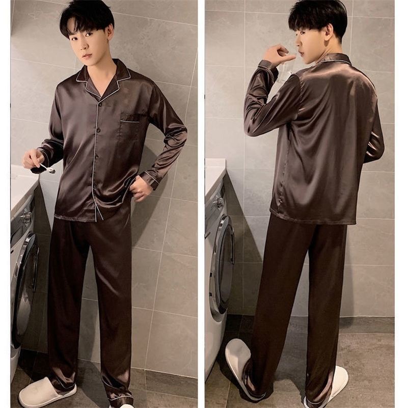 Mens sleepwear set mens winter long sleeved silk satin home plus size casual wear y250427