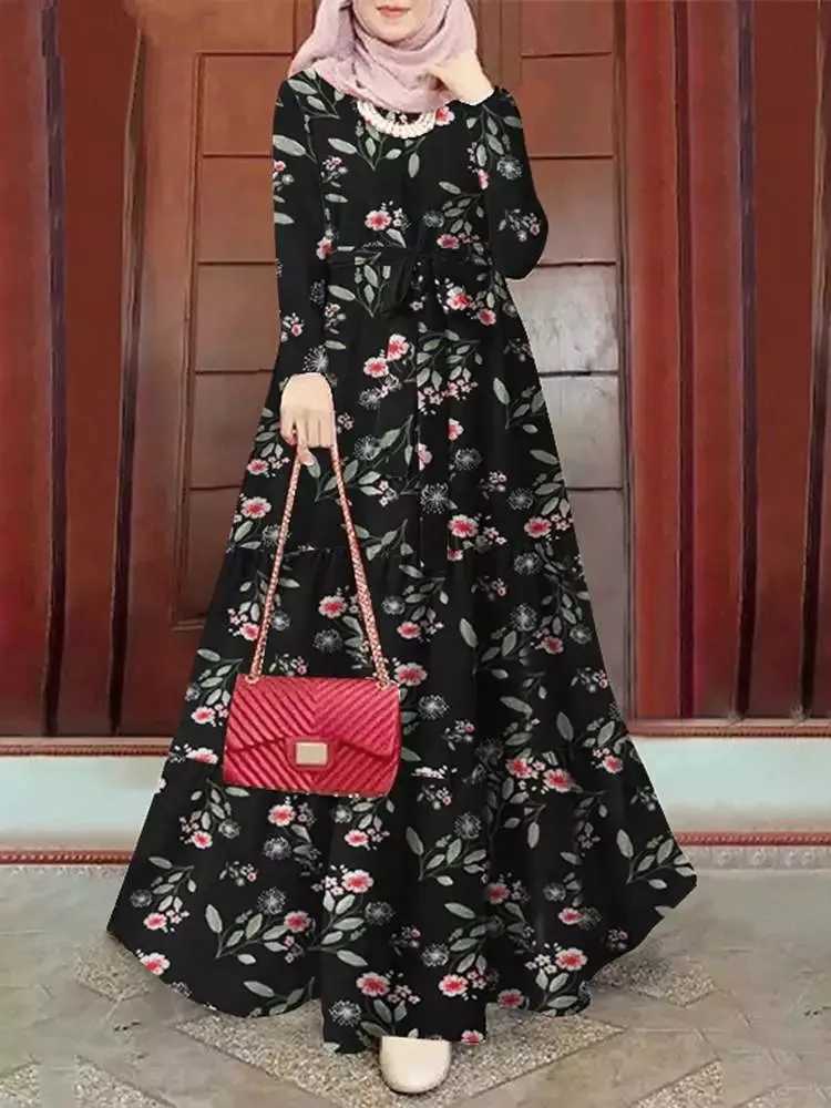 Ramadan Morocco Dubai Abayas for Women Print Dress Jalabiya Sashes Lace Up Eid Muslim Islam Vestidos Kaftan Saudi Arab Long Robe X250514