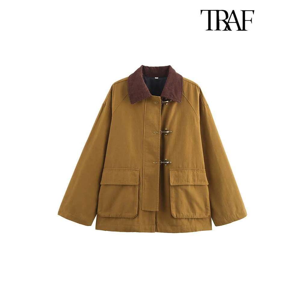 TRAF Women's Fashion Retro Clashing Lapel Patchwork Autumn Winter Street Casual Loose Long Sleeve Pocket Jacket