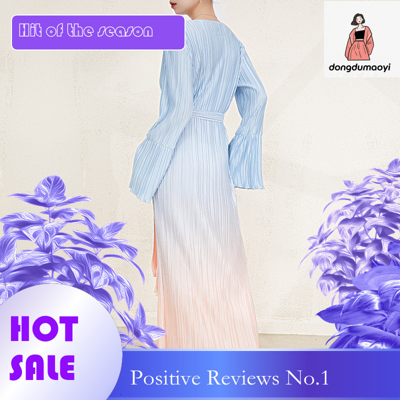 dongdumaoyi Korean high end temperament pleated dress new three bedroom slim belt waist cinching gradient slimming mid length skirt
