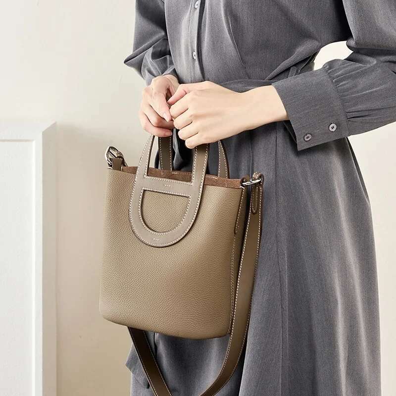 2024 Women Top Layer Cowhide Bucket Hand-Held Shoulder Cross-Body Leather Women's Bag Tide