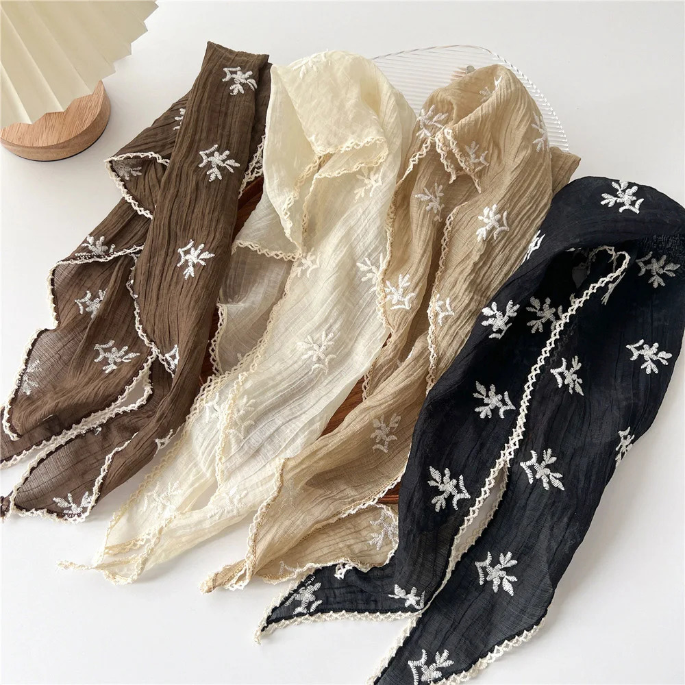 Linen Cotton Lace Triangle Scarf for women sun protection Headscarf Summer Anti-UV Headband Travel Po Flower Small Shawls 250514