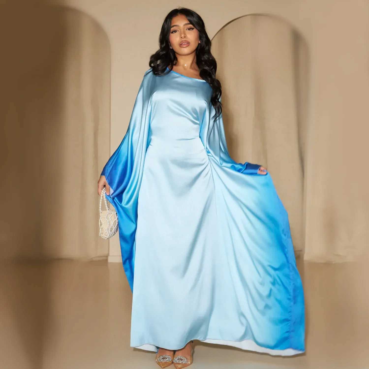Women Gradient Butterfly Satin Abaya with Inner BeltMuslim Party Long DressAbayas for WomenDubaislamic ClothesEid Kaftan Ro X250514