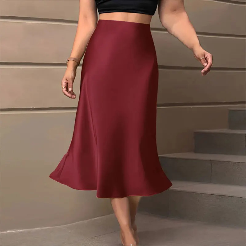Satin Skirts for Women Korean Style Champagne Office High Waist Aline Skort Fashion Elegant Solid Long Pencil Skirt Silk Like 250514