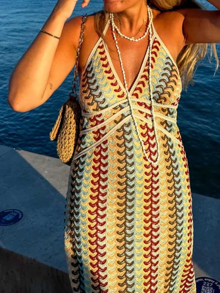 Sexy Printed Colorful Deep V-neck Crochet Maxi Dress Women Chic Sleeveless Backless Sling Slim Dress 2025 Lady Vacation RobesXJ250514