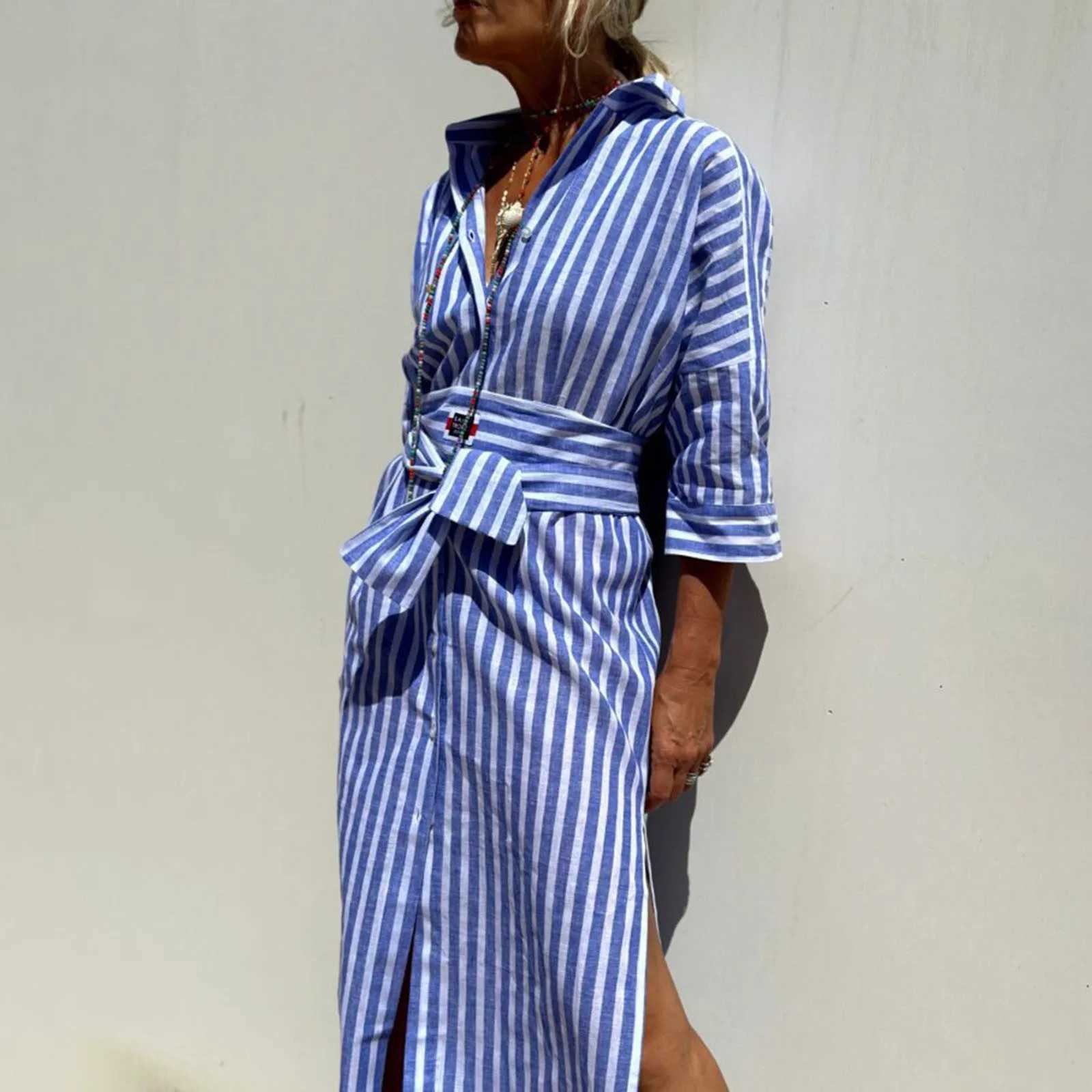 Elegant Fashion Autumn Striped Dress Women V Neck Lapel Long Sleeve Casual Shirt Dress Ladies Temperament Long DressesXJ250514