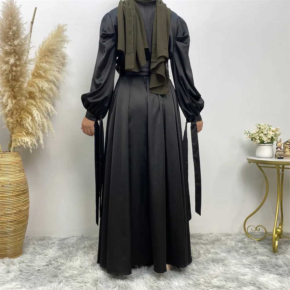 Fashion Women Satin Muslim Dress Hijab Arabic Pleated Abaya Dubai Balloon Slve with Ribbon Islamic Dress With belt wy1589 X250514