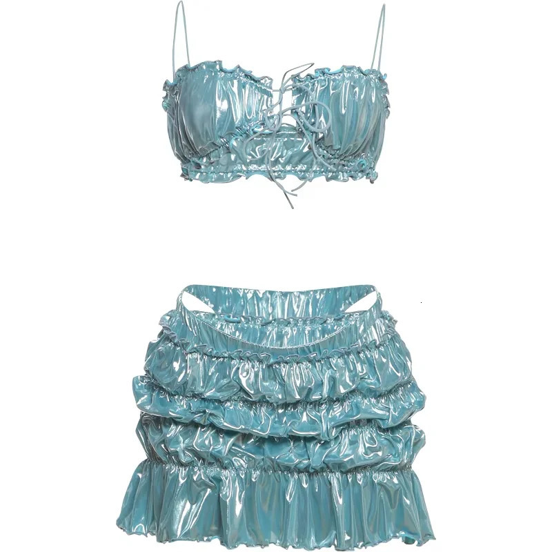 Sisterlinda Shiny Reflective 2 Piece Set Summer Stunning Trim Bandage Crop CamisUnderwearPleated Ruffle Mini Skirts Swim Suits 250514