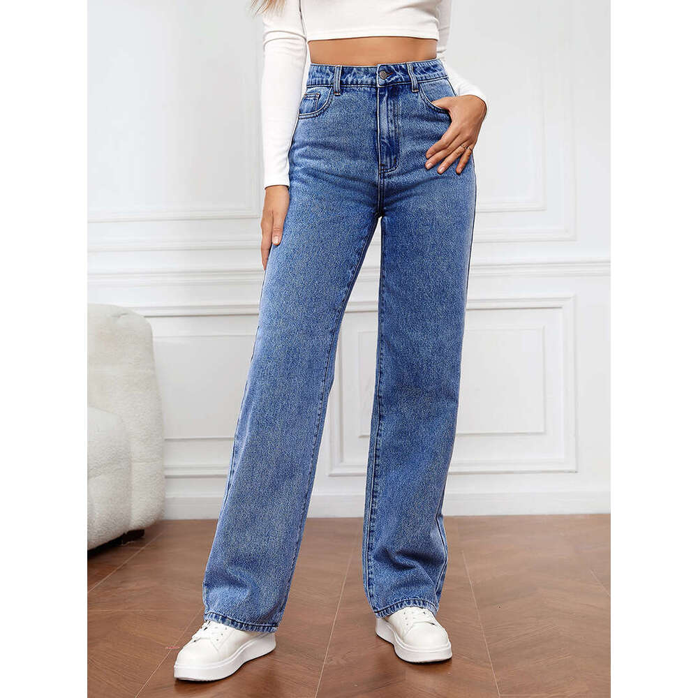 2025 Stretch Washed Denim Fashionable Straight Leg Long High Waisted Jeans Pants for Women New Product All-match Model Leisure and Leisure Loose