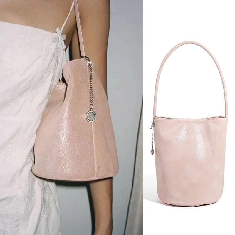 Pink Korean Brand Bucket New Shiny Leather With Sliver Round Metal High-end Designer Sweet Cute Fashion Shoulder Bag