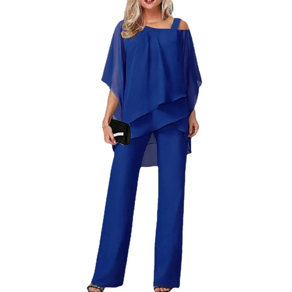 Women Trousers Sets Two Pieces Sale Sexy Off Shoulder Half Batwing Sleeve Blouse OL Wide Leg Loose Pant Suits NMD-6666 250513