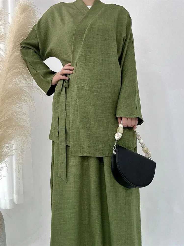 Ramadan Eid Plain 2 Piece Abaya Set Tops Skirt Modest Muslim Sets Abayas For Women Robe Caftan Marocain Femme Musulmane Kaftan X250514