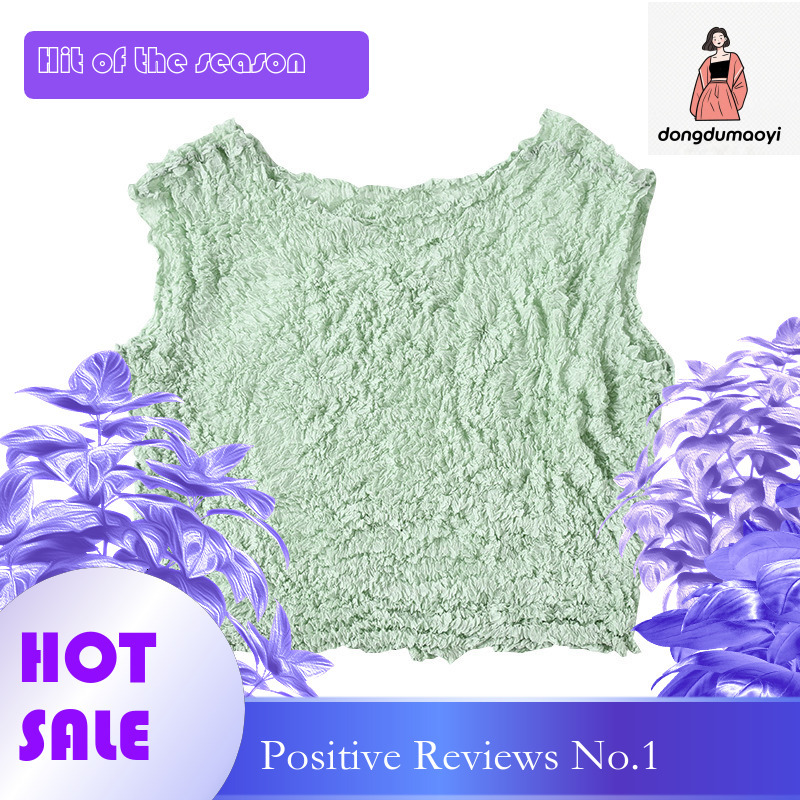 dongdumaoyi Miyake sleeveless V-neck vest pleated top women's summer new style, see through thin, solid color temperament short T-shirt for women