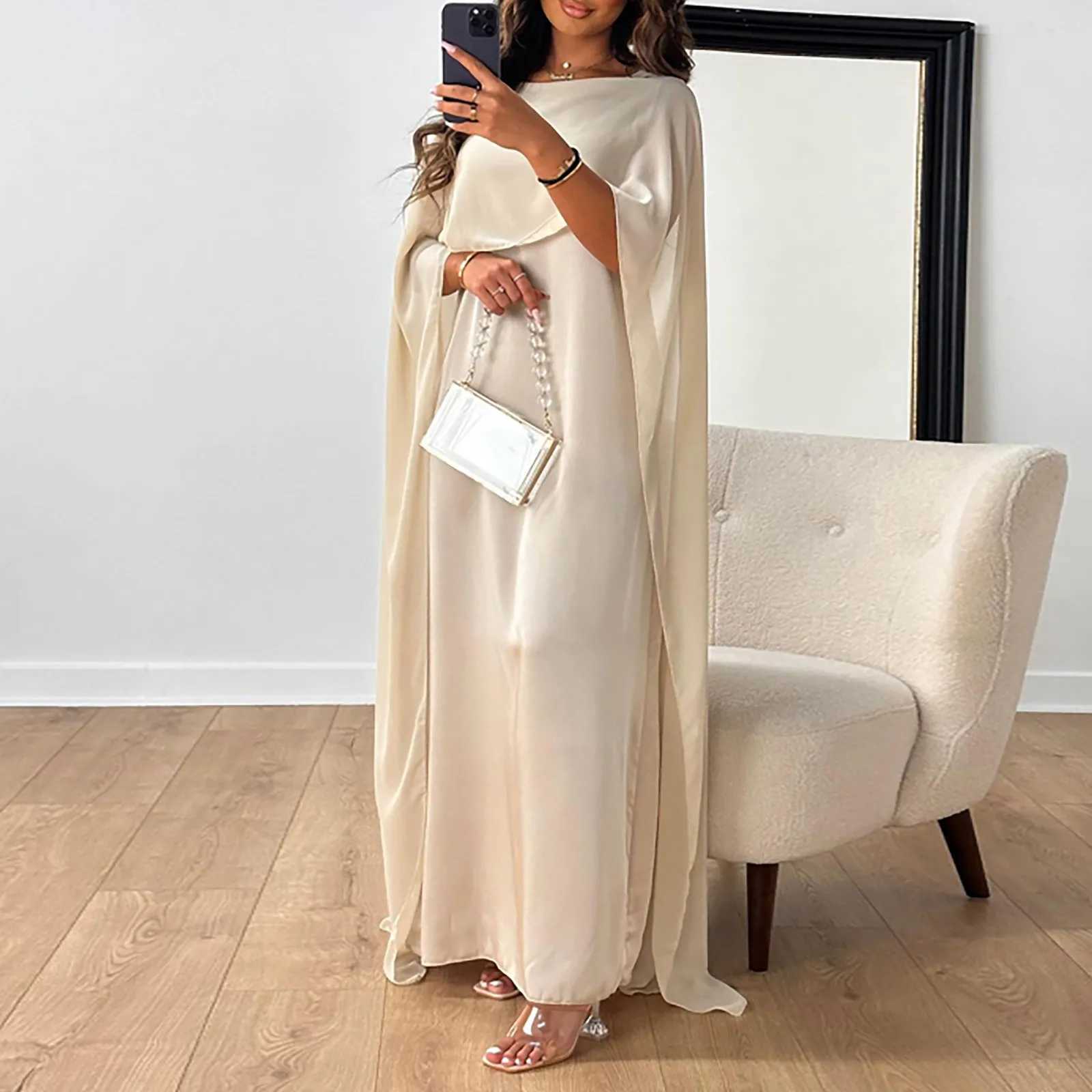 Shinny Satin Dress Women Loose Long Batwing Slve Muslim Dress Luxury Elegant Women Islamic Clothing Solid Oversized Robe X250514