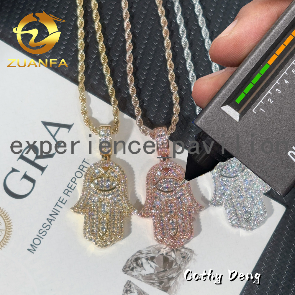 Ready to Ship Moissanite Hip Hop Jewelry Hamsa Iced Out Pendant Sterling Silver 925 Moissanite Pendant With Rope Chain for Men