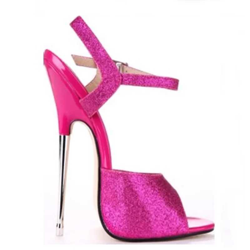 Summer Peep Toe Bling Sandals Sexy Sky Ankle Buckle Strap For Women Metal Heels 16CM Glitter High Metal Heel Dress Shoes W250514
