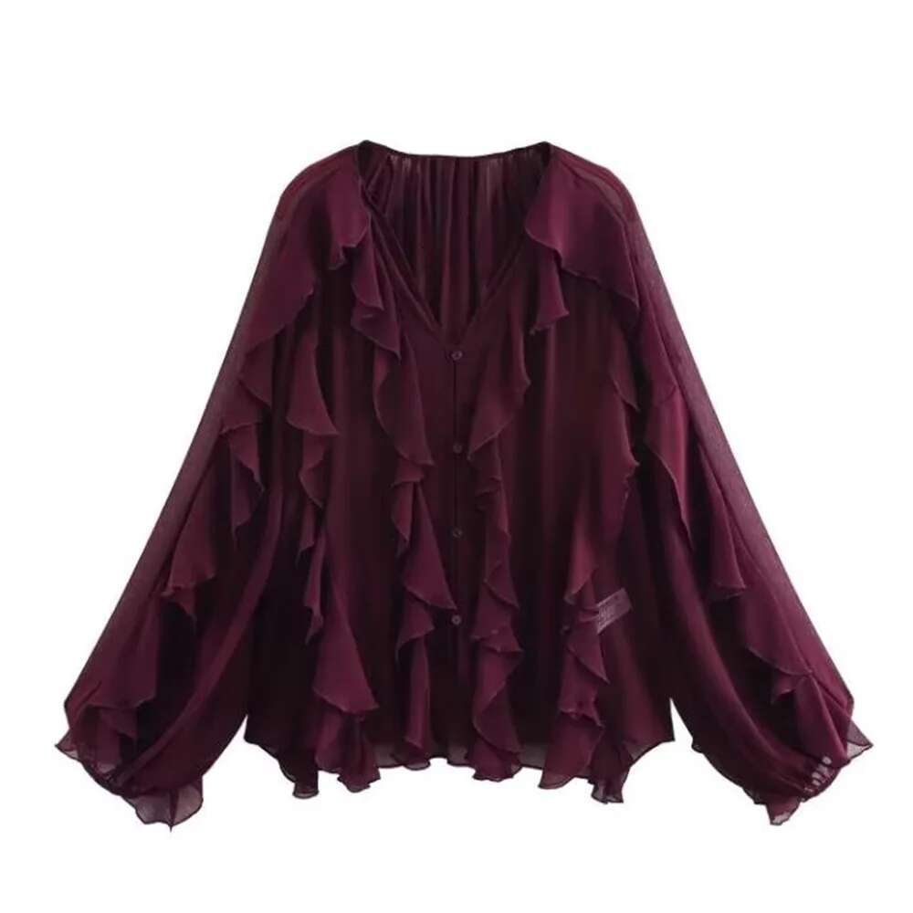 VEITCHE Spring Summer Women Fashion Casual Ruffles Blouses Semi-Sheer Loose V Neck Tiered Single Breasted Solid Color Chic Tops