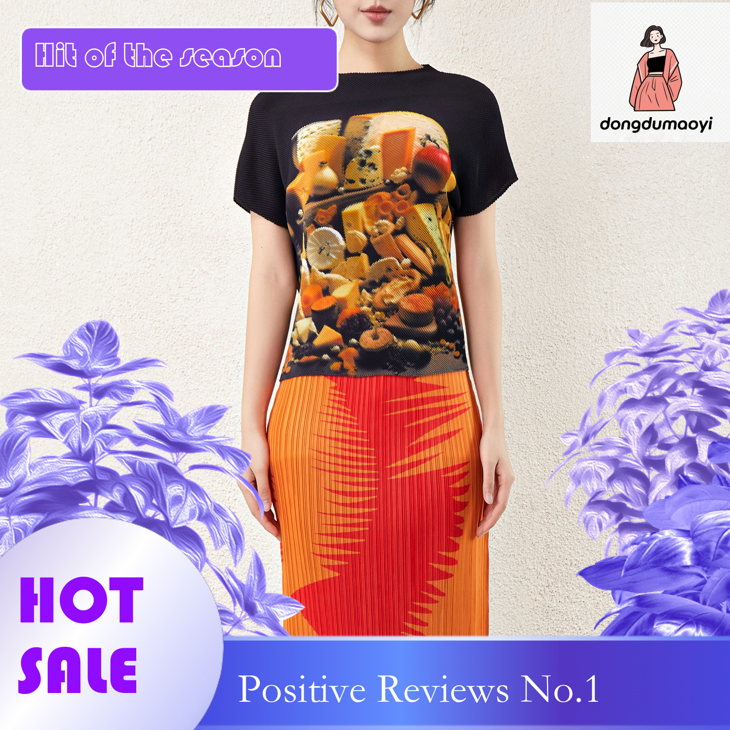 dongdumaoyi Street psychedelic letter design printed top with pleats, new hip-hop style short sleeved T-shirt, women's summer