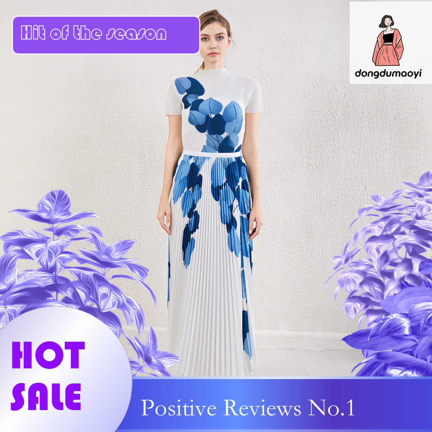 dongdumaoyi Fashionable printed pleated top, long T-shirt summer new style, three bedroom half skirt, two-piece set, women's clothing