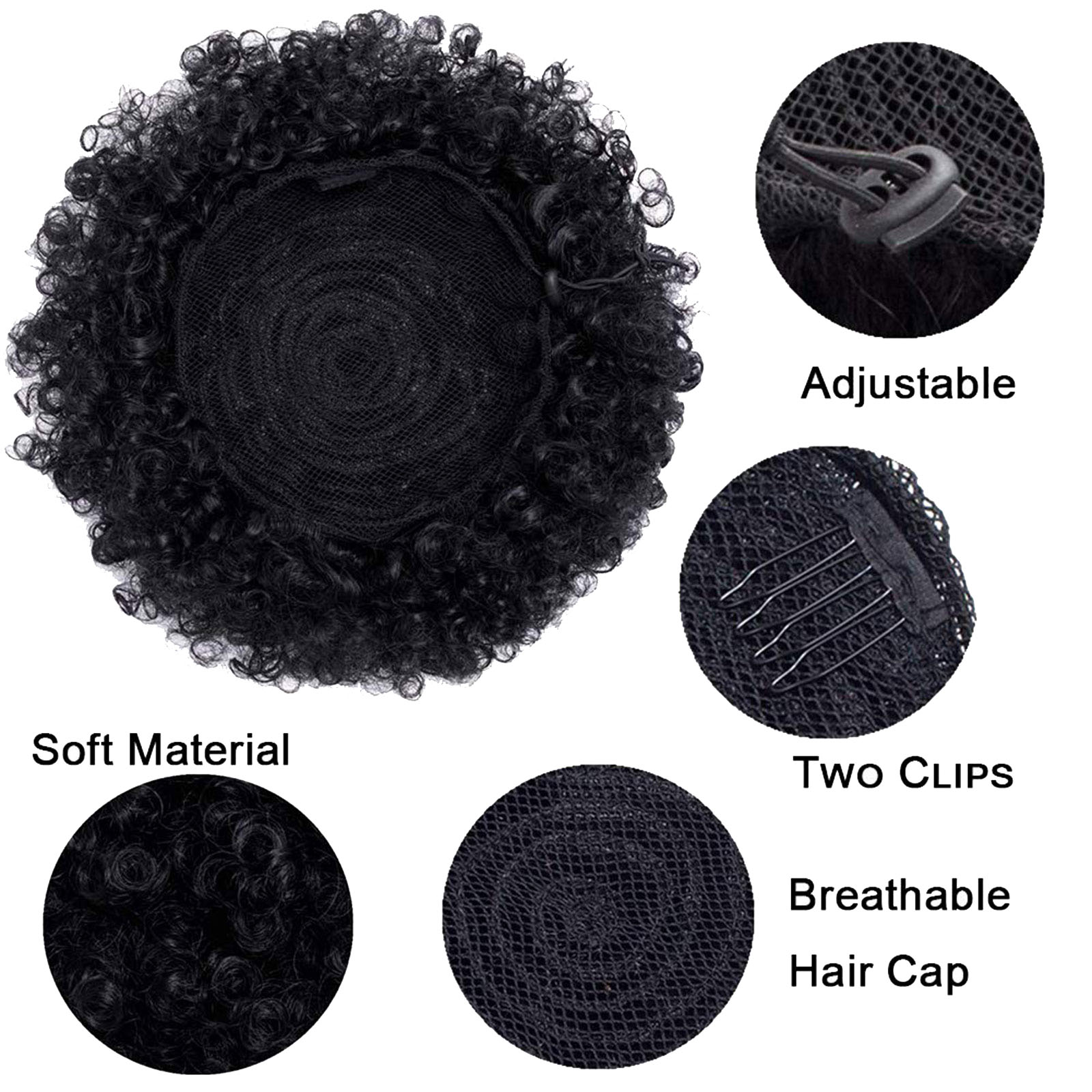 Pure Color Afro Puff Drawstring Ponytail Bun with Bangs-Heat Resistant Synthetic Kinky Curly Ponytail Updo Hair Extensions with Two Clips, Curly Women