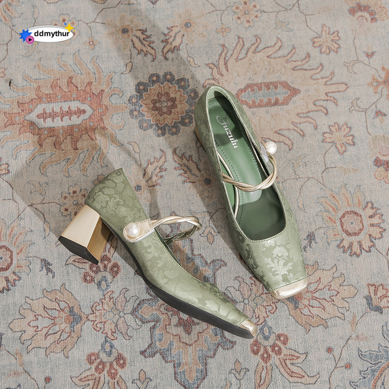 6368-13 Chinese style light luxury embossed silk medium order shoes for women 2024 metal square toe straight strap high heels ddmythur