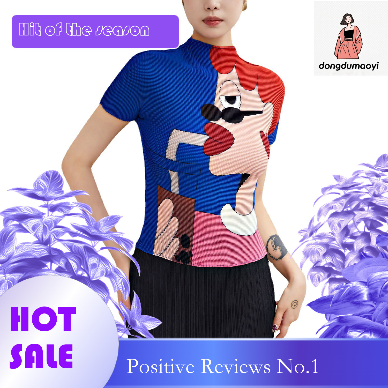 dongdumaoyi Miyake printed short sleeved T-shirt for women's summer 2024, new pleated design, slim fit bottom shirt, top