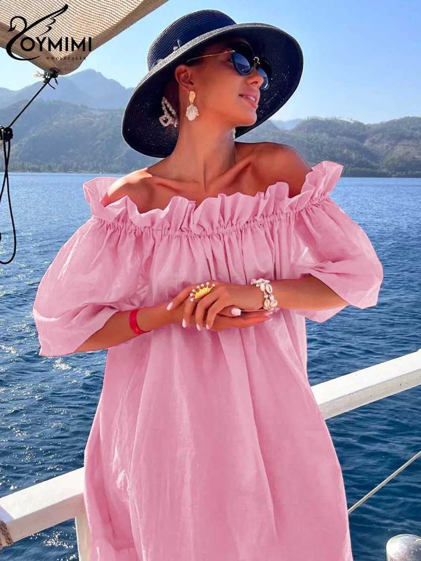 Oymimi Fashion Pink Cotton Womens Dresses Casual Slash Neck Three Quarter Sleeve Dress Elegant Loose Pleated Ankle-Length DressXJ250514