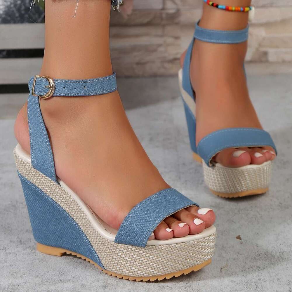Summer New Blue Denim broadband crossover Wedge Sandals Womens Fashion Ankle Buckle Hemp rope Bottom High Heeled Shoe Size 42