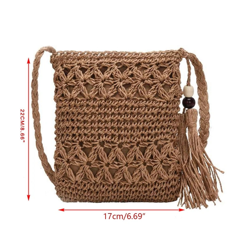 Women Beach Woven Straw Shoulder Messenger Bag with Tassel Boho Hollow Out Crochet Crossbody Handbag Macrame Purse 250514