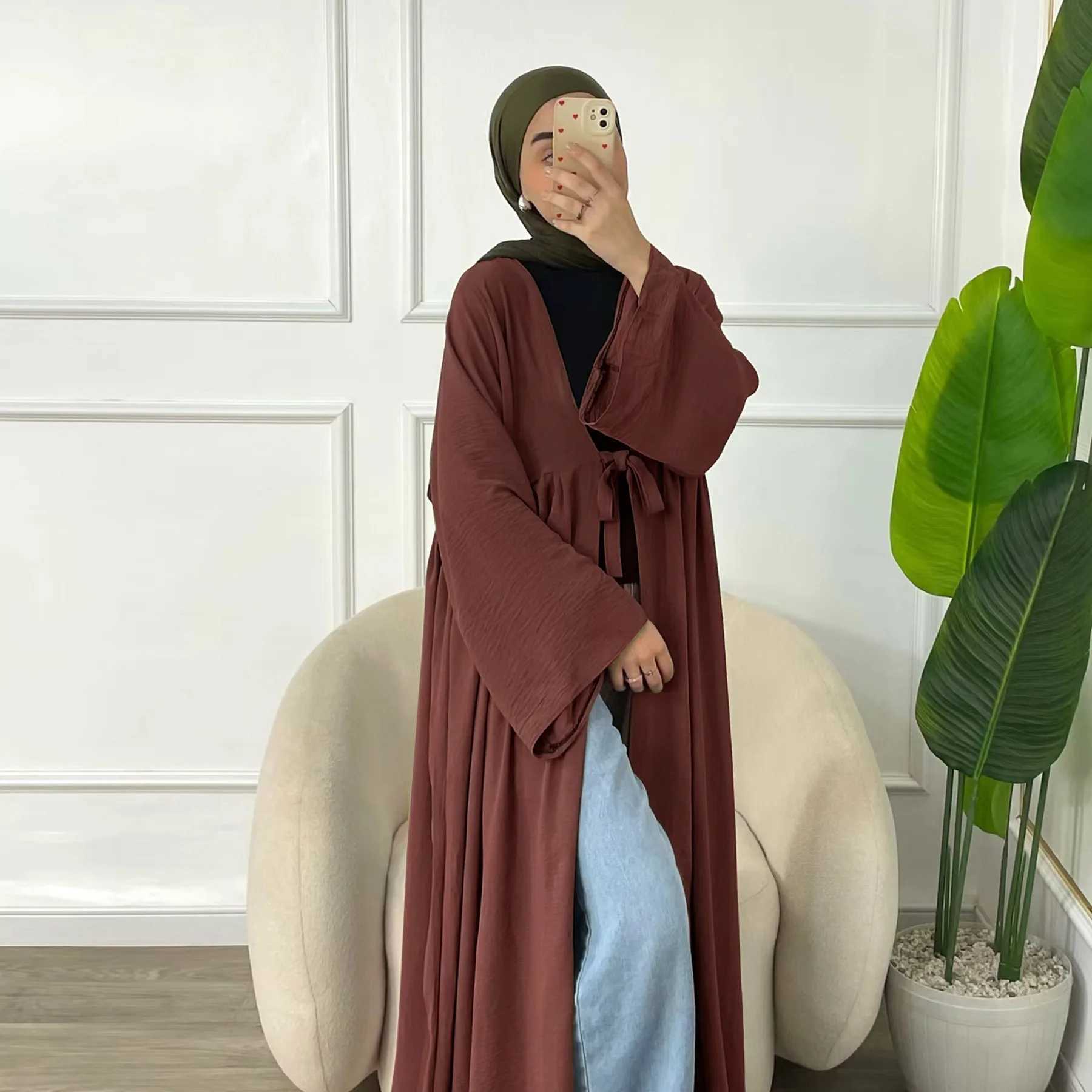 Eid Muslim Open Abaya for Women Dubai Modest Dresses Jalabiya Cardigan Robe Lace Up Islam Vestidos Ramadan Morocco Arab Kaftan X2505141