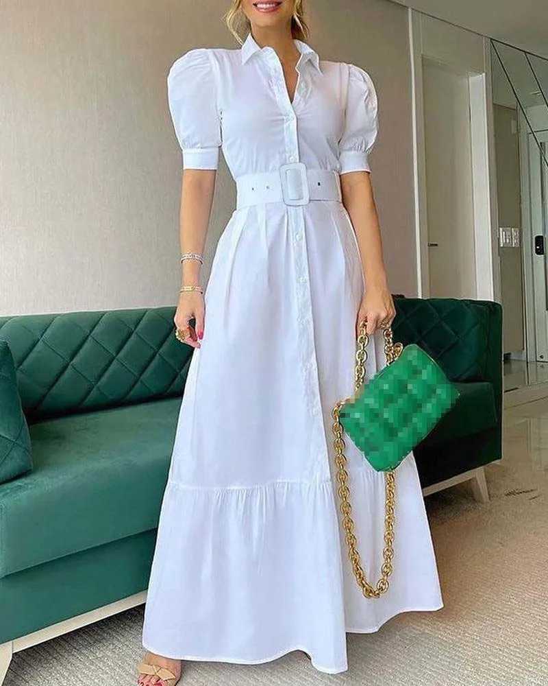 Party Belt Dresses For Women 2025 Spring Summer Fashion Elegant Stripe Print Short Sleeve Long Dress Lady High Waist Shirt DressXJ250514