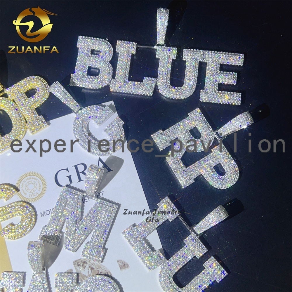 925 Sterling Silver Bling Custom Hip Hop Jewelry Letters Initial Necklace Iced Out Moissanite Pendant