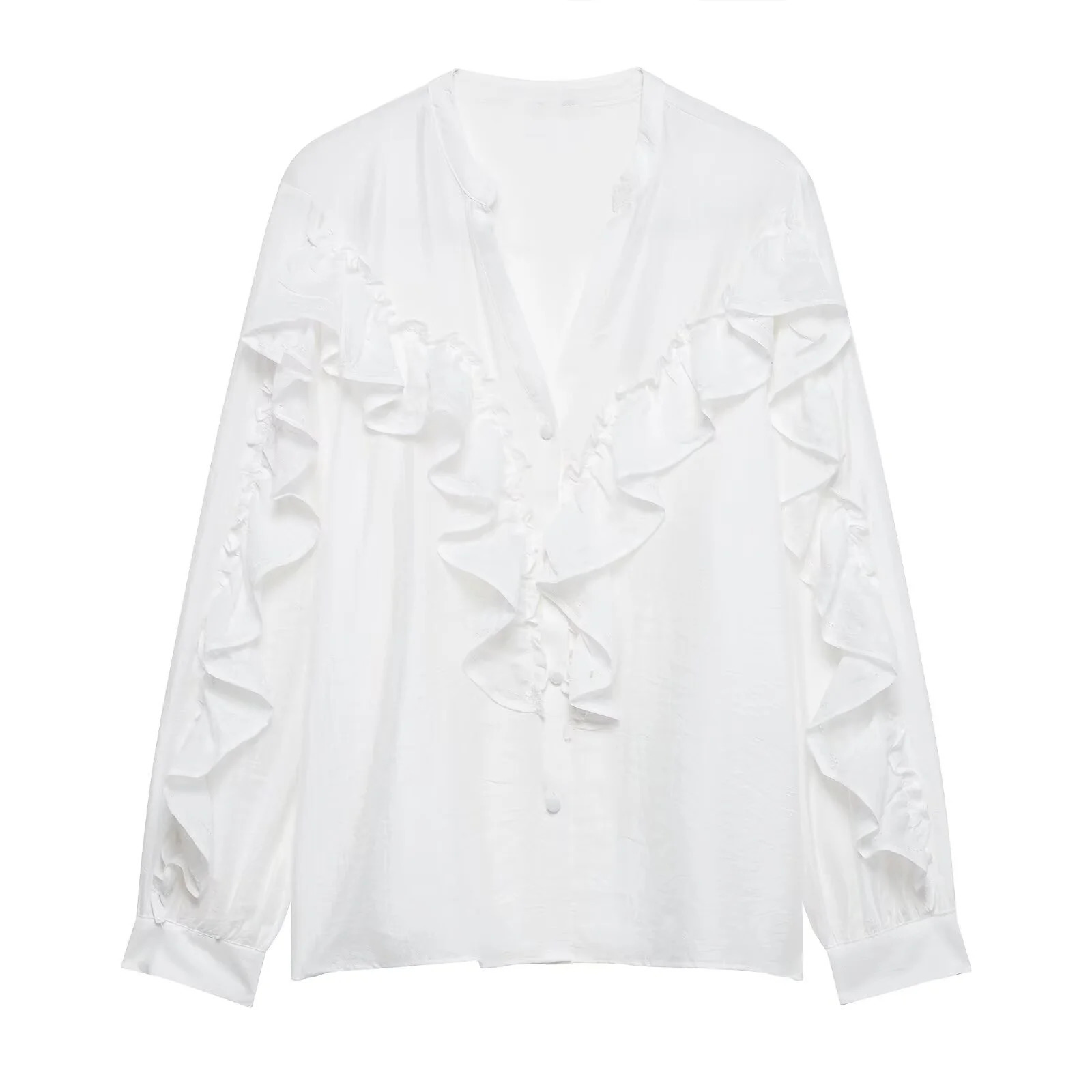 PB ZA Womens Longsleeved Blouse Vneck with Ruffled Decorations on Front and Sleeves for a Chic Look 250514