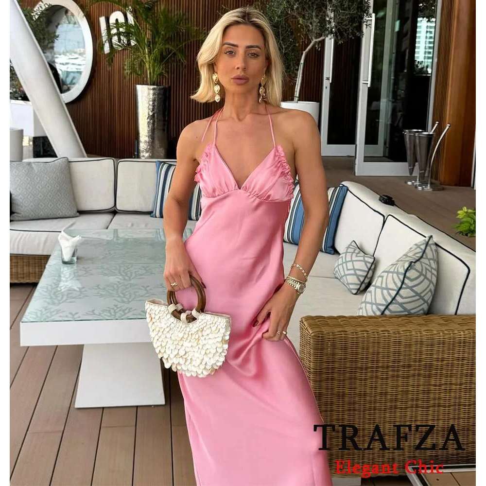 TRAFZA Women Elegant Satin Suspender Pink Backless Slim New 2025 Fashion Summer Holidays Dinner Date Sexy Dress